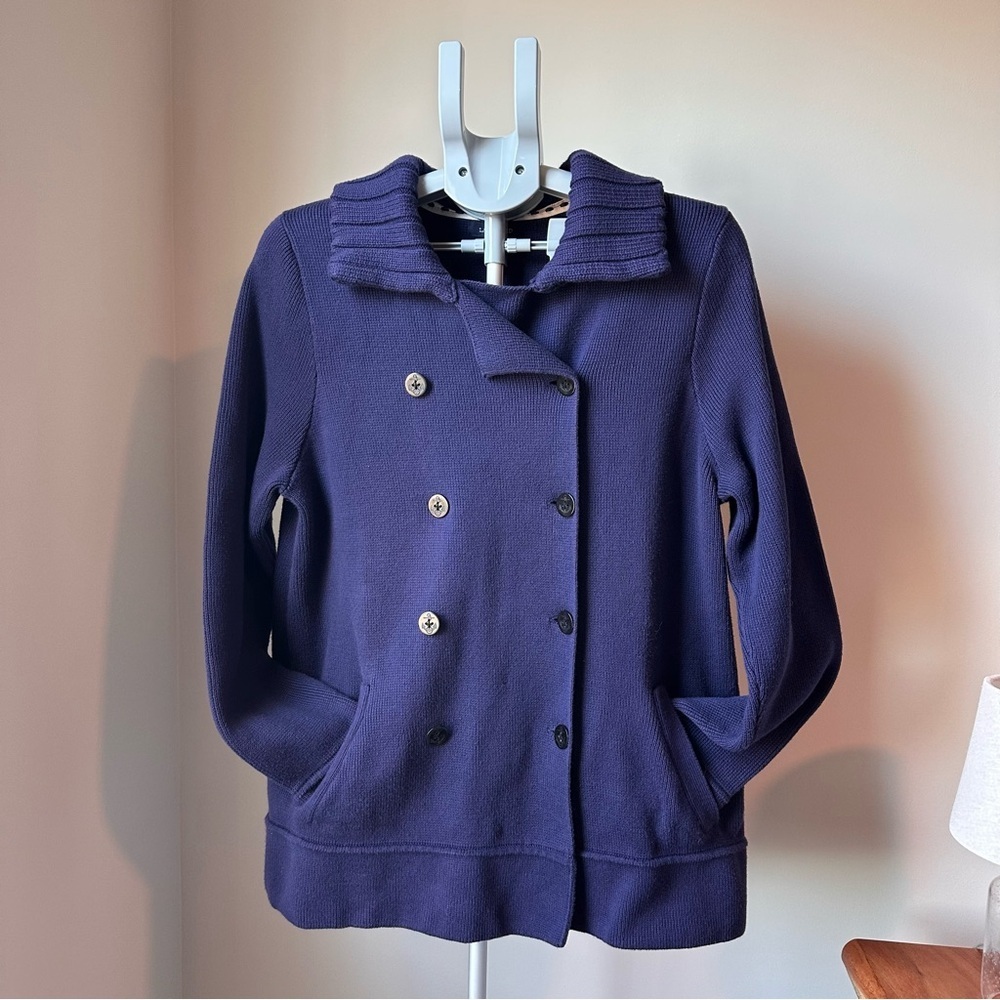 Lands' End Pea Coat Style Sweater L | Navy Blue 100% Cotton Nautical Fisherman